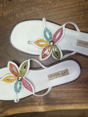 Brighton White Sandals with Multicolor Floral Accents